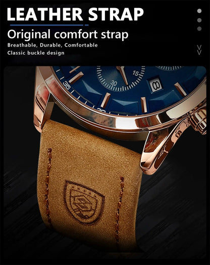 Mandotos POEDAGAR luxury men's chronograph watch with waterproof design, luminous dial, and leather strap.