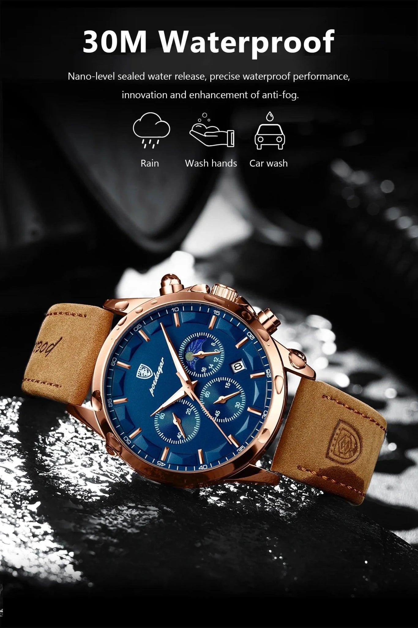 Mandotos POEDAGAR luxury men's chronograph watch with waterproof design, luminous dial, and leather strap.