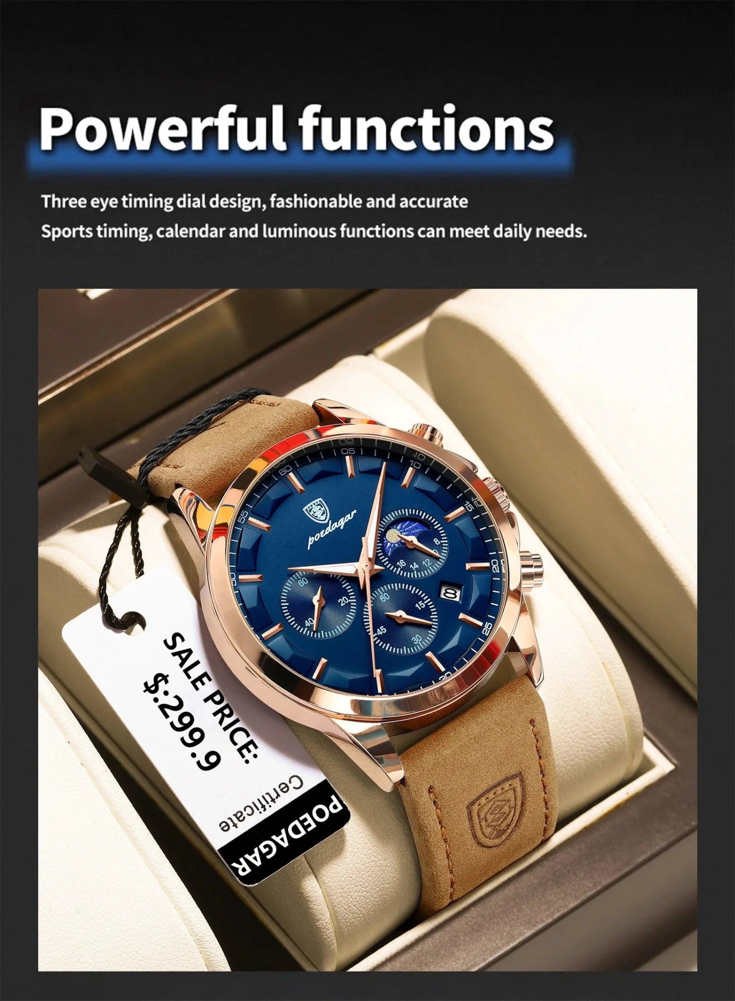 Mandotos POEDAGAR luxury men's chronograph watch with waterproof design, luminous dial, and leather strap.