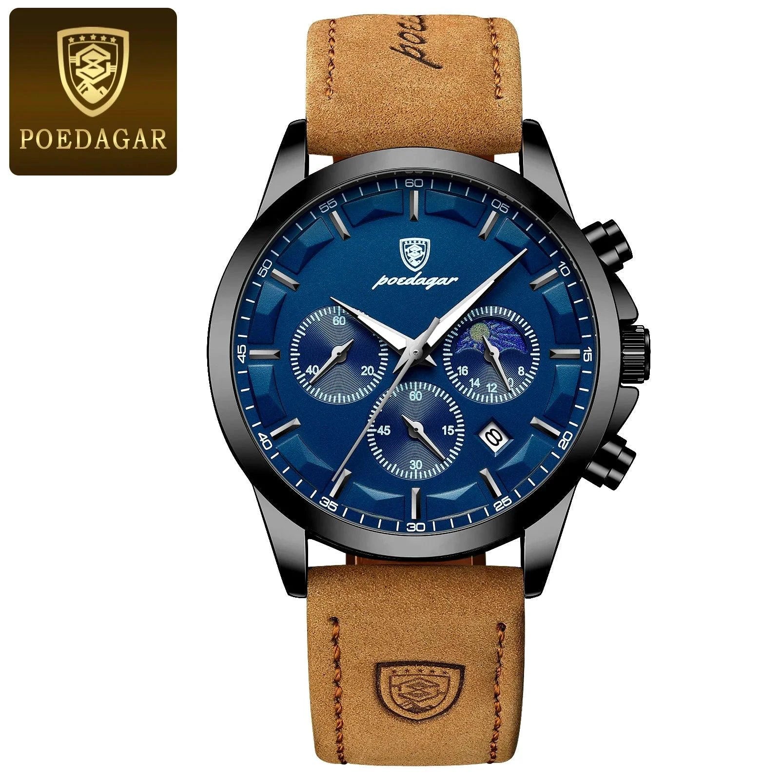 Mandotos POEDAGAR men's luxury chronograph watch with waterproof design, luminous dial, and leather strap.