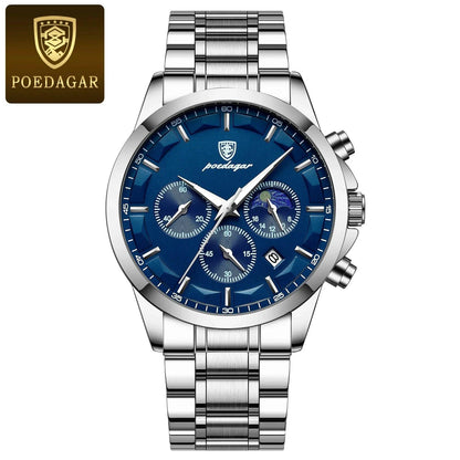 Mandotos POEDAGAR luxury men's chronograph watch with waterproof design, luminous dial, and leather strap.