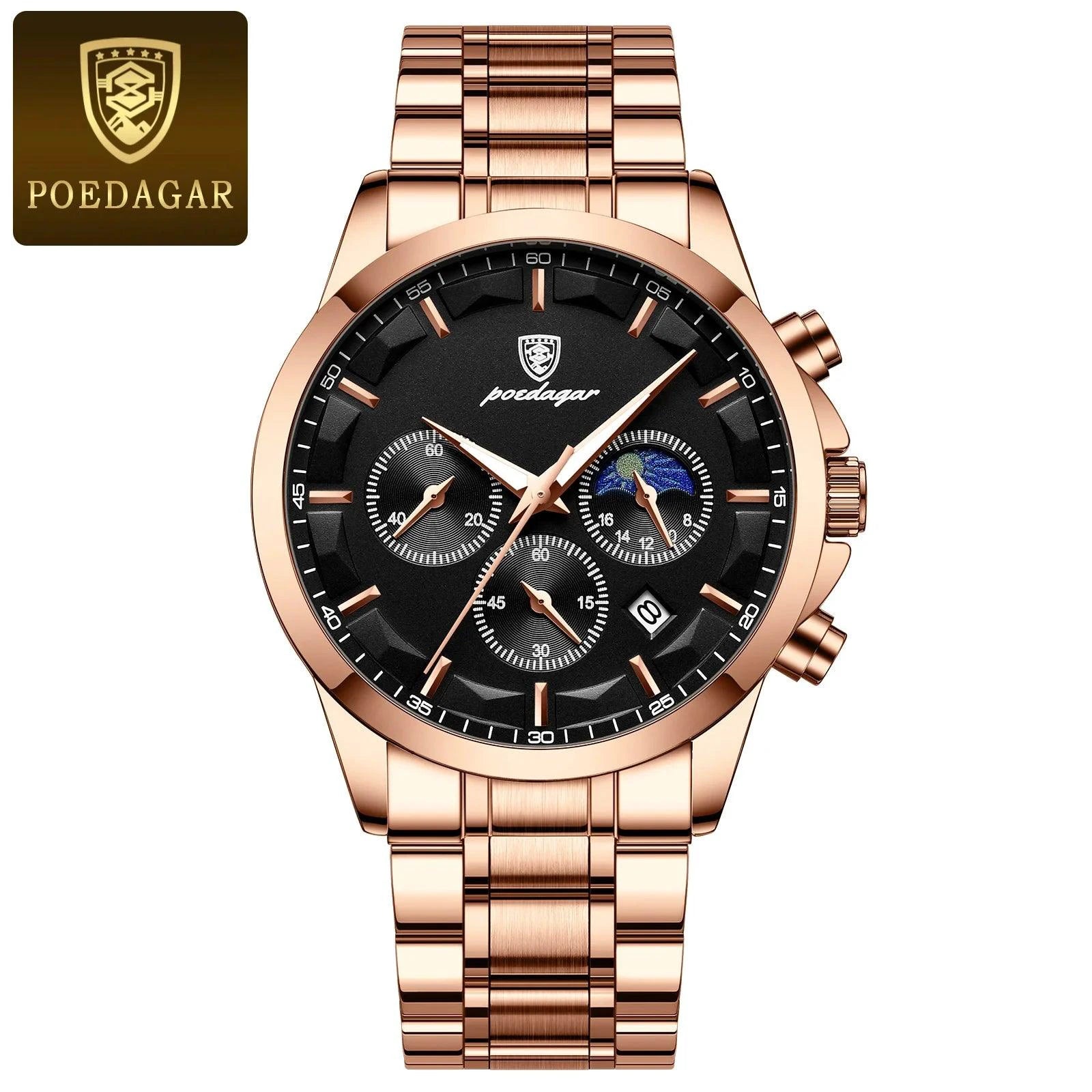 Mandotos POEDAGAR luxury men's chronograph watch with waterproof leather strap, luminous dial, and stainless steel case.
