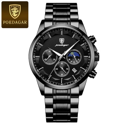 Mandotos POEDAGAR luxury men's chronograph watch with waterproof design, luminous dial, and leather strap.