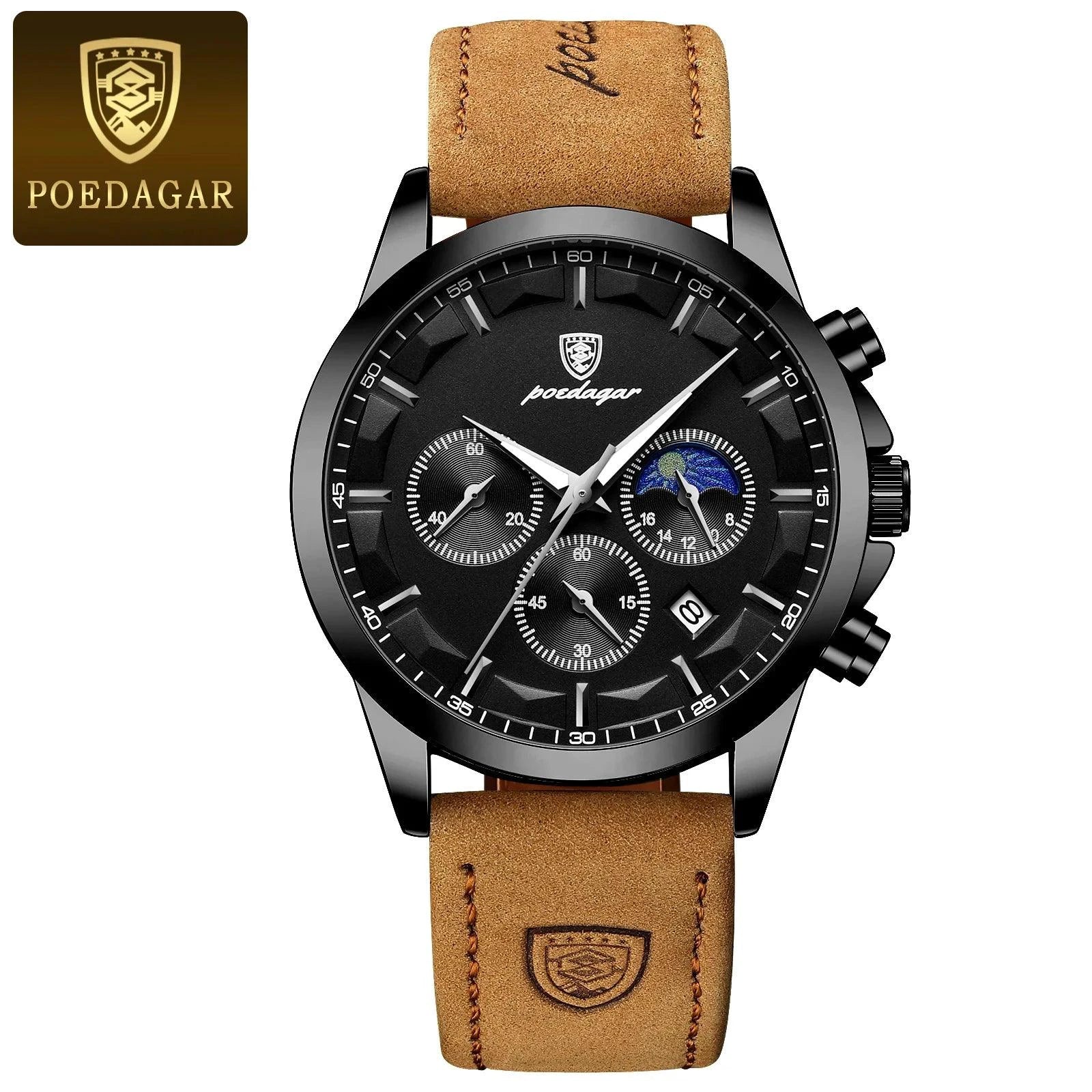 Mandotos POEDAGAR luxury men's chronograph watch with waterproof design, luminous dial, and leather strap.