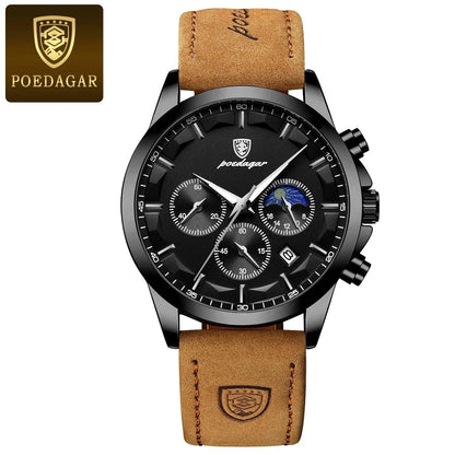 Mandotos POEDAGAR luxury men's chronograph watch with waterproof design, luminous dial, and leather strap.