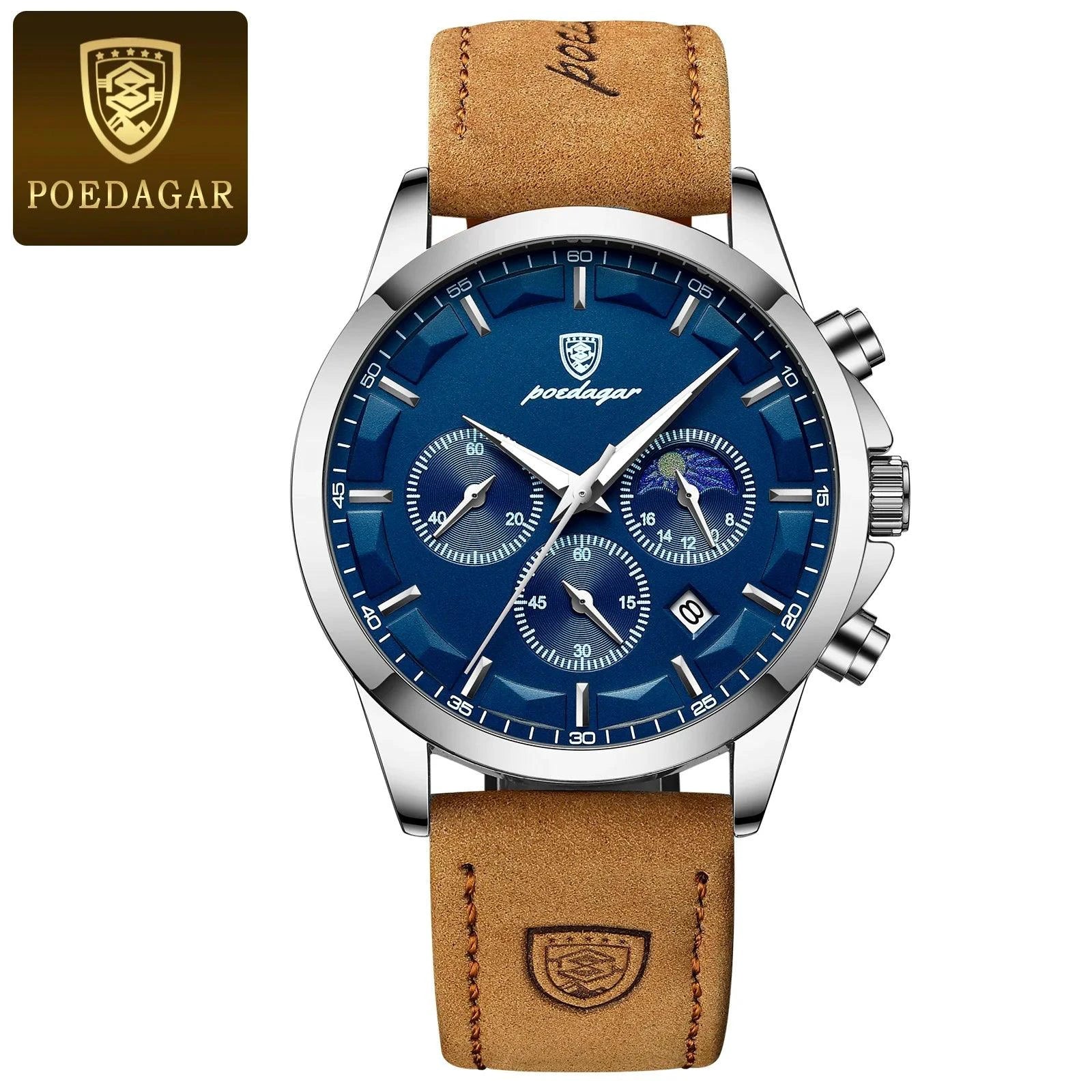 Mandotos POEDAGAR luxury men's chronograph watch with waterproof design, luminous dial, and leather strap.