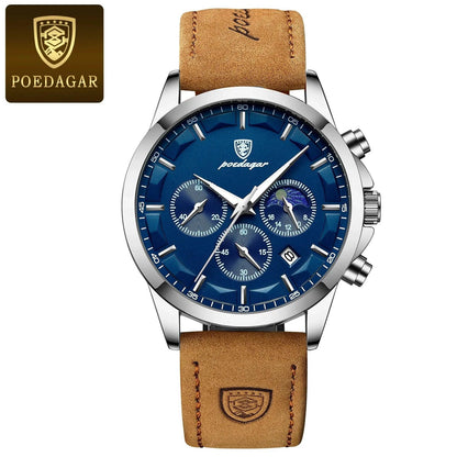 Mandotos POEDAGAR luxury men's chronograph watch with waterproof design, luminous dial, and leather strap.