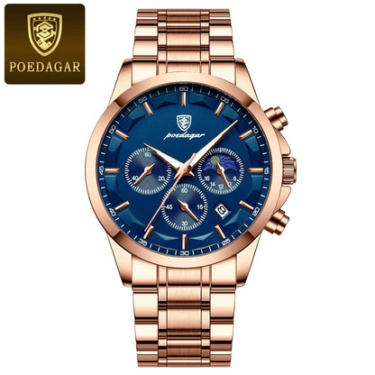 Mandotos POEDAGAR luxury men's chronograph watch with waterproof design, luminous dial, and leather strap.