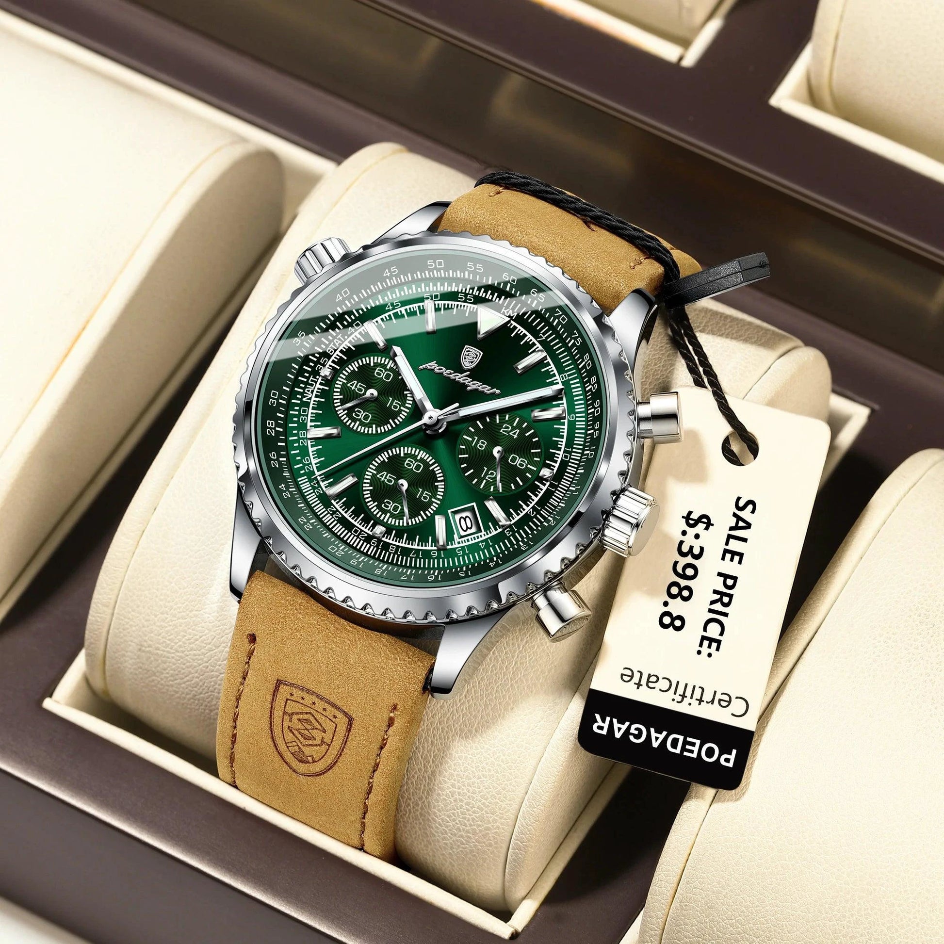 Mandotos POEDAGAR men's luxury quartz chronograph watch with leather strap, waterproof, luminous dial, military sports style.