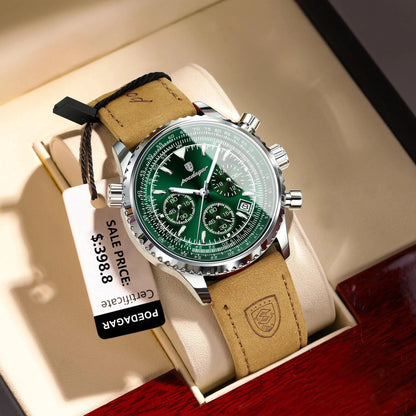 Mandotos POEDAGAR men's luxury quartz chronograph watch with leather strap, waterproof, luminous dial, military sports style.