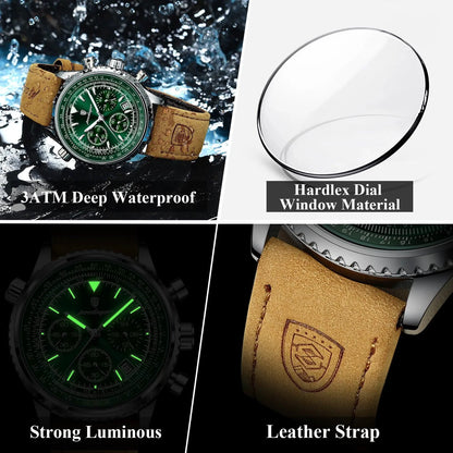 Mandotos POEDAGAR men's luxury quartz chronograph watch with waterproof case, luminous dial, leather strap, military sports style.