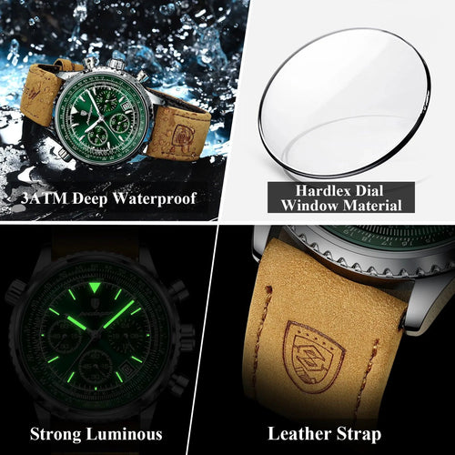 Mandotos POEDAGAR men's luxury quartz chronograph watch with waterproof case, luminous dial, leather strap, military sports style.