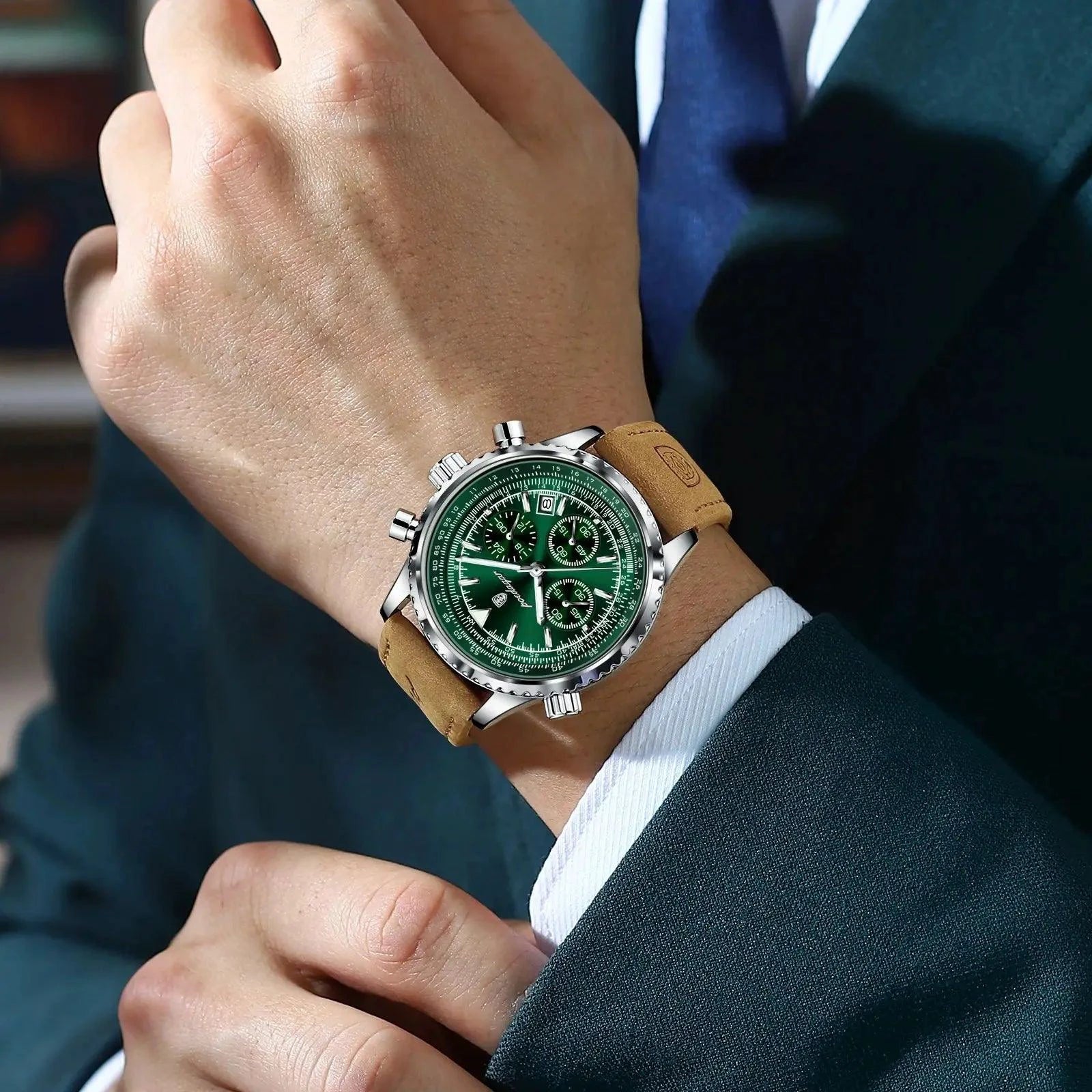 Mandotos POEDAGAR men's luxury quartz chronograph watch with waterproof leather strap, luminous dial, military sports style.