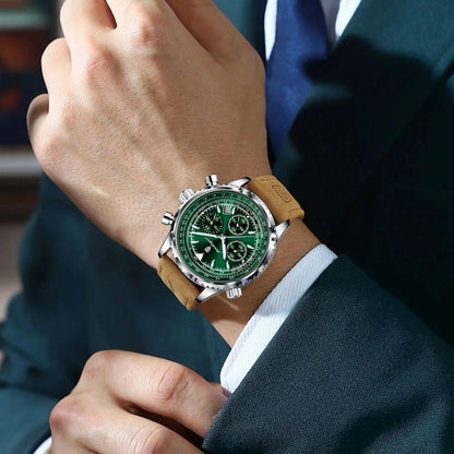 Mandotos POEDAGAR men's luxury quartz chronograph watch with waterproof leather strap, luminous dial, military sports style.