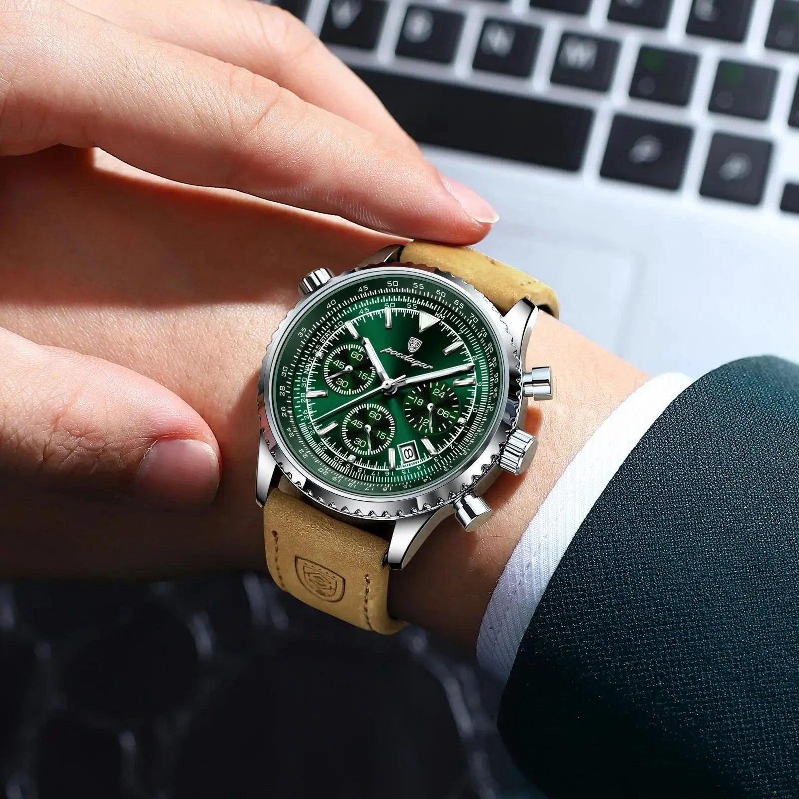 Mandotos POEDAGAR men's luxury quartz chronograph watch with waterproof leather strap, luminous dial, military sports style.