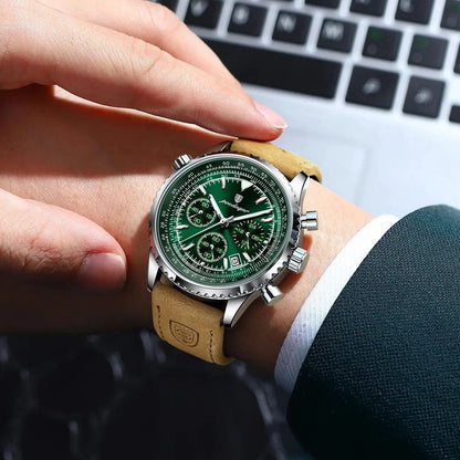 Mandotos POEDAGAR men's luxury quartz chronograph watch with waterproof leather strap, luminous dial, military sports style.