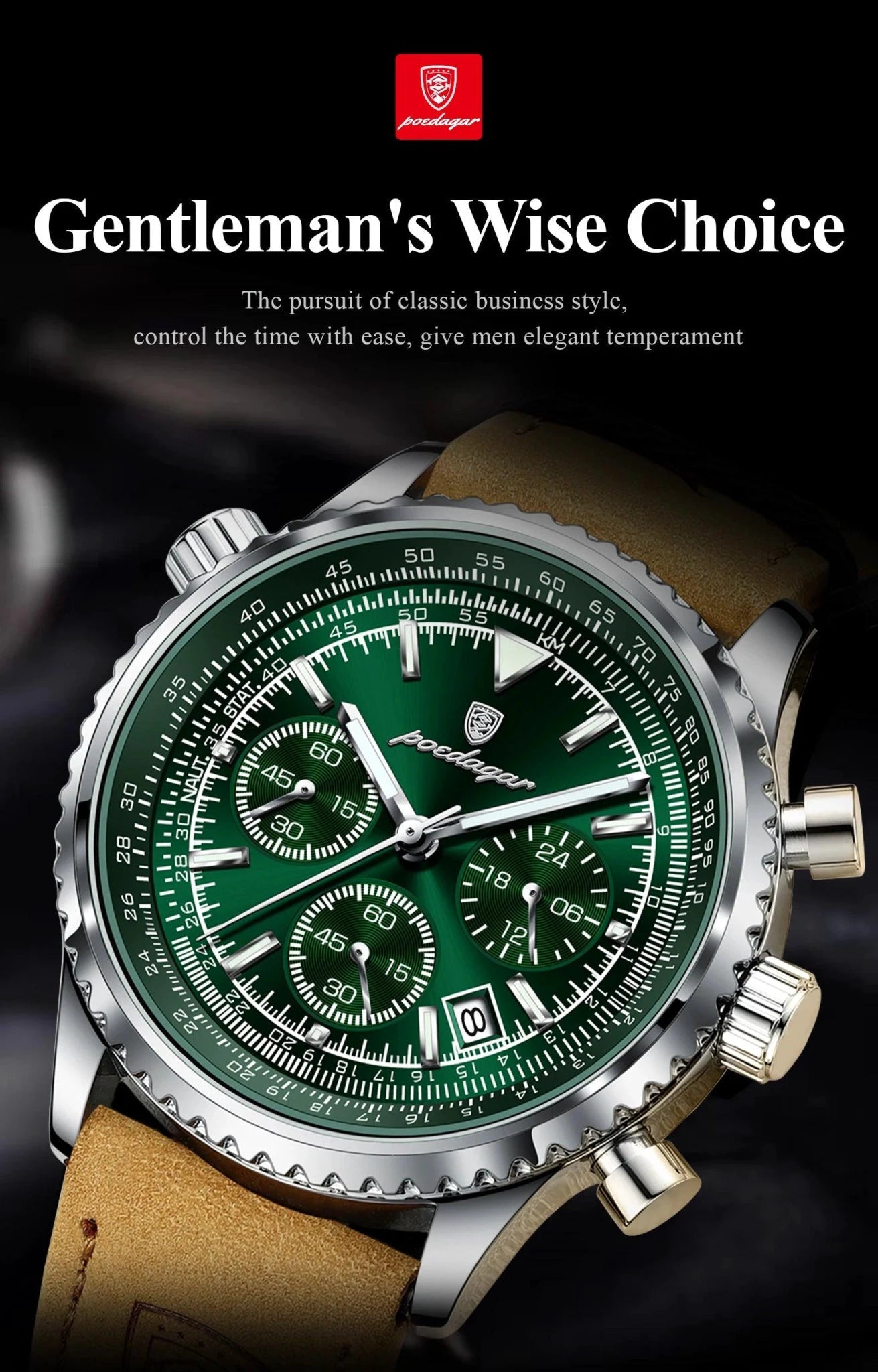 Mandotos POEDAGAR men's luxury quartz chronograph watch with waterproof leather strap, luminous dial, military sports style.