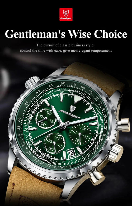 Mandotos POEDAGAR men's luxury quartz chronograph watch with waterproof leather strap, luminous dial, military sports style.