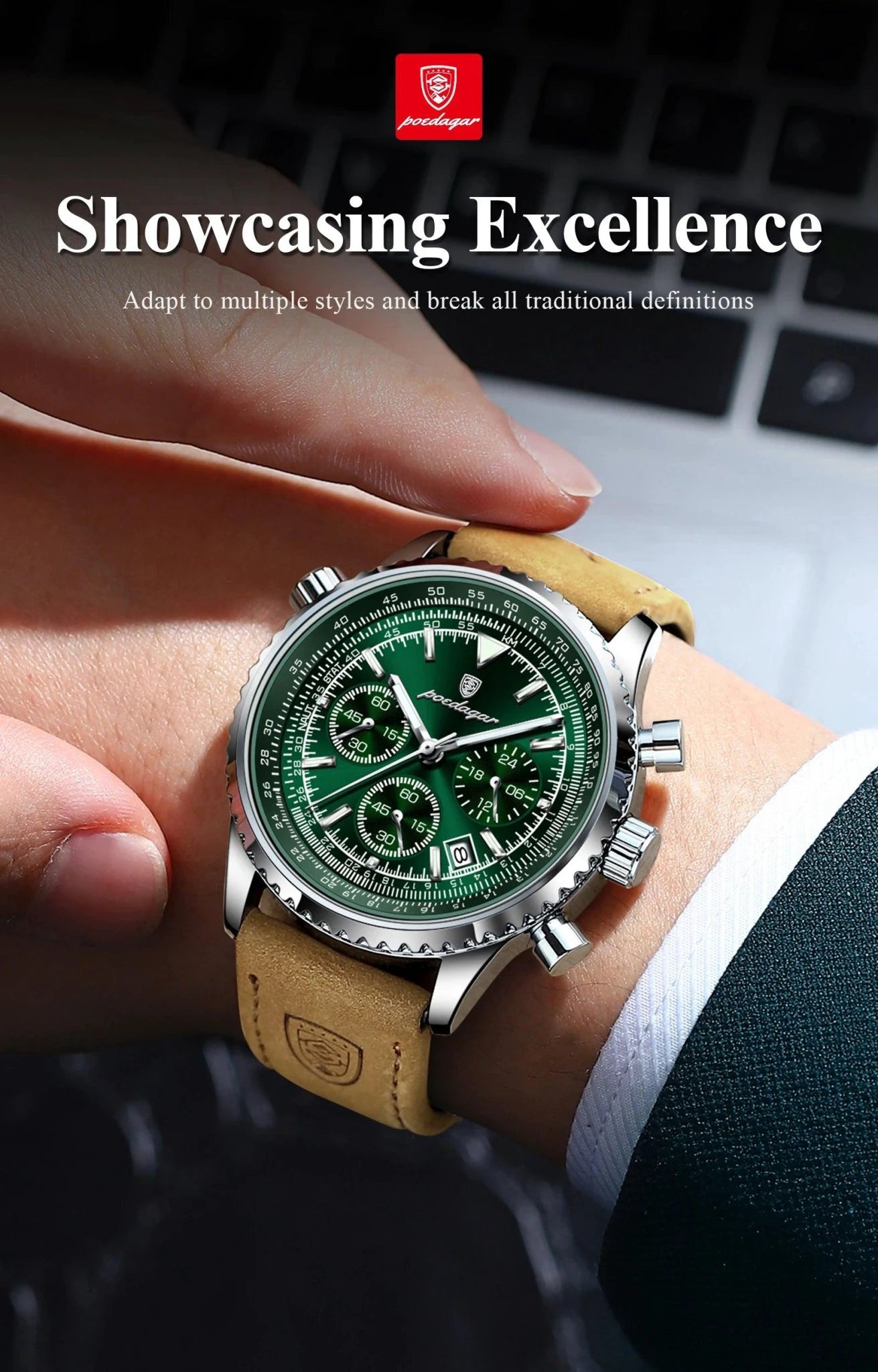 Mandotos POEDAGAR men's luxury quartz chronograph watch with leather strap, luminous dial, waterproof design, military sports style.