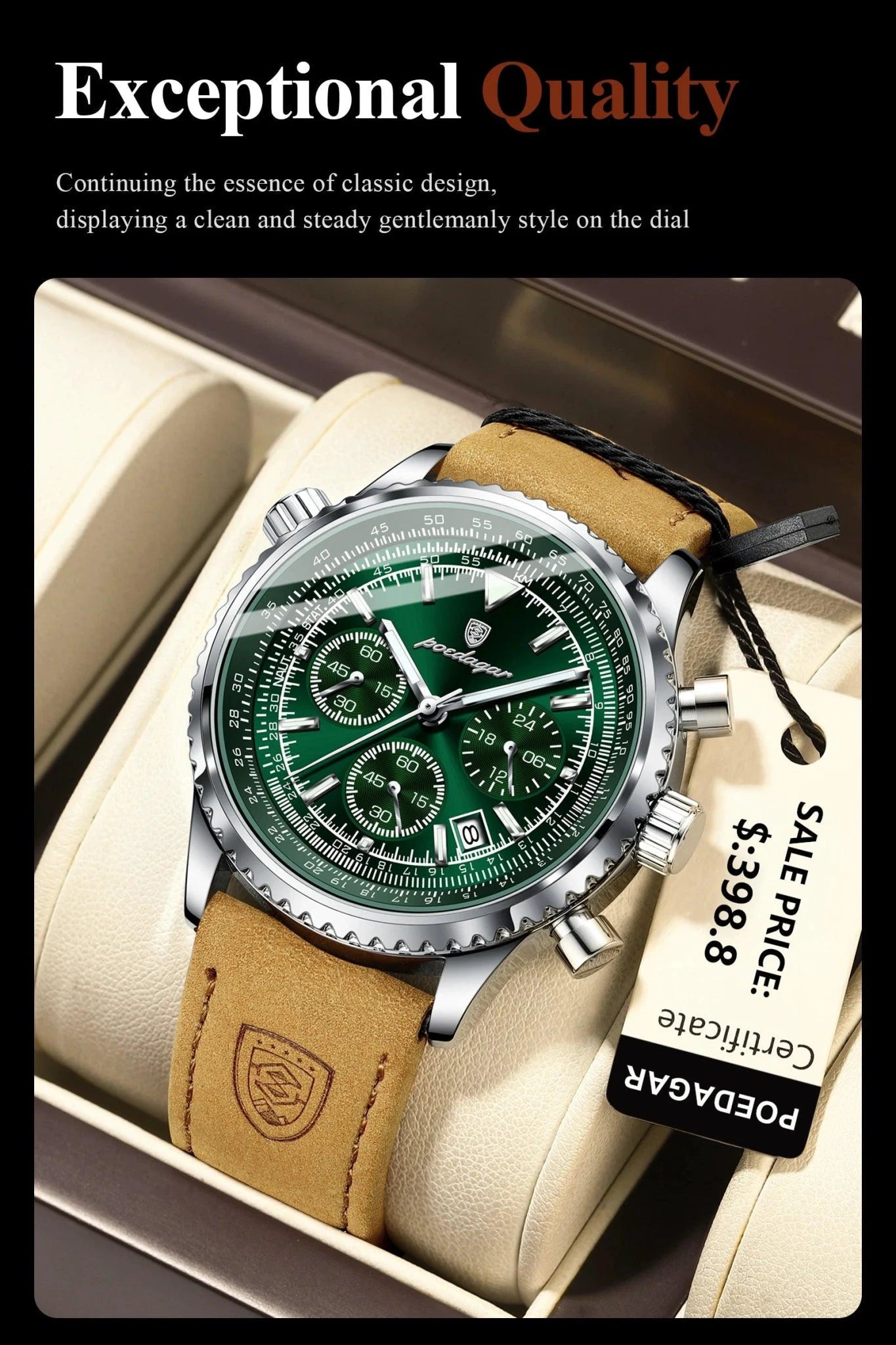 Mandotos POEDAGAR men's luxury quartz chronograph watch with waterproof, luminous dial, leather strap, military sports style.