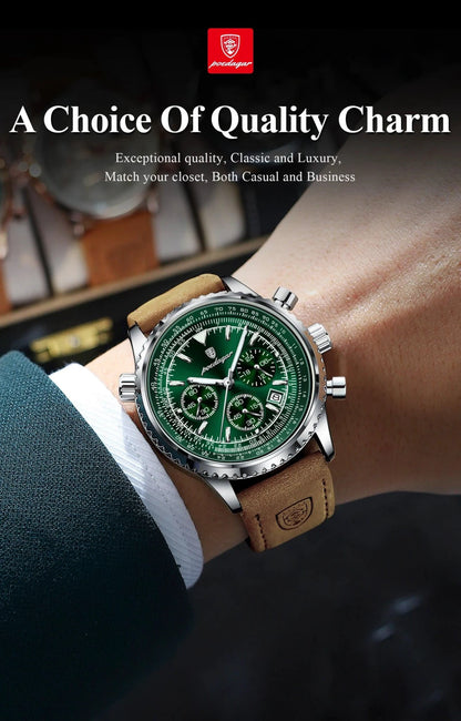 Mandotos POEDAGAR men's luxury quartz chronograph watch with leather strap, waterproof, luminous dial, military sports style.