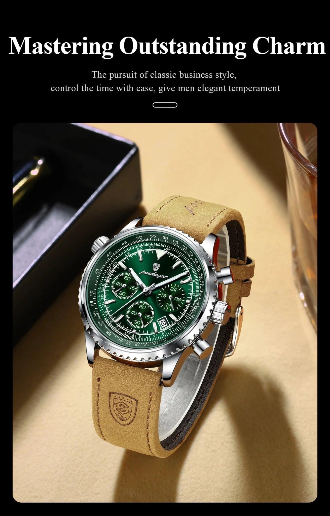 Mandotos POEDAGAR men's luxury quartz chronograph watch with waterproof leather strap, luminous dial, military sports style.