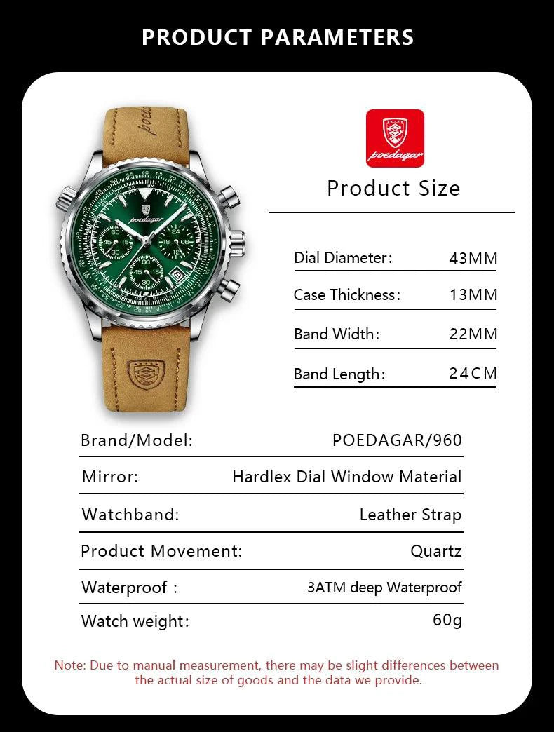 Mandotos POEDAGAR men's luxury quartz chronograph watch with waterproof design, luminous dial, leather strap, military sports style.