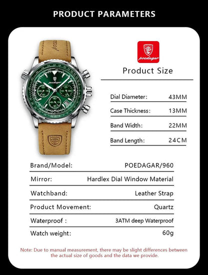 Mandotos POEDAGAR men's luxury quartz chronograph watch with waterproof design, luminous dial, leather strap, military sports style.