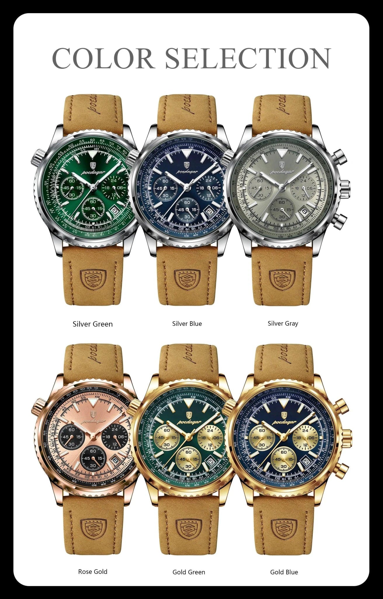 Mandotos POEDAGAR men's luxury quartz chronograph watch with waterproof leather strap, luminous dial, and military sports style design.