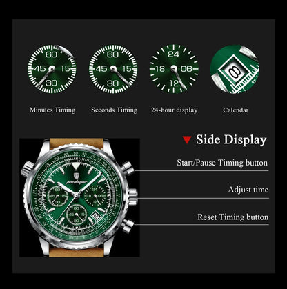 Mandotos POEDAGAR men's luxury quartz chronograph watch with waterproof leather strap, luminous dial, military sports style.