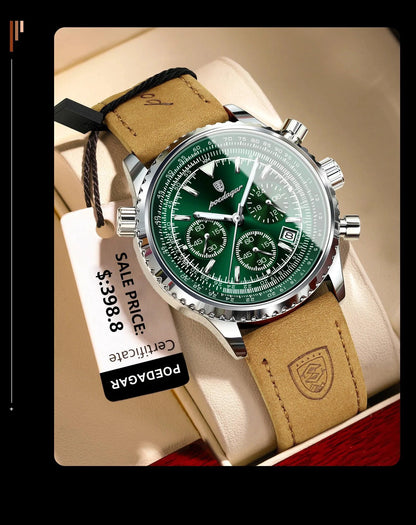 Mandotos POEDAGAR men's luxury quartz chronograph watch with waterproof leather strap, luminous dial, military sports style.