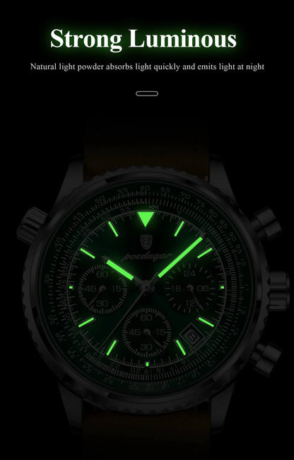 Mandotos POEDAGAR men's luxury quartz chronograph watch with waterproof leather strap, luminous dial, and military sports style.