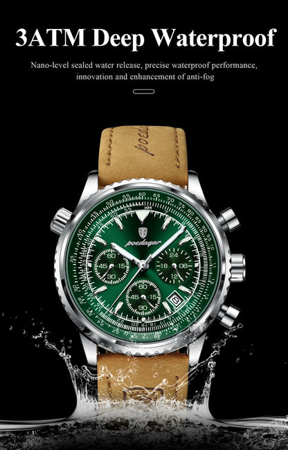 Mandotos POEDAGAR men's luxury quartz chronograph watch with black leather strap, luminous dial, waterproof, military sports style.