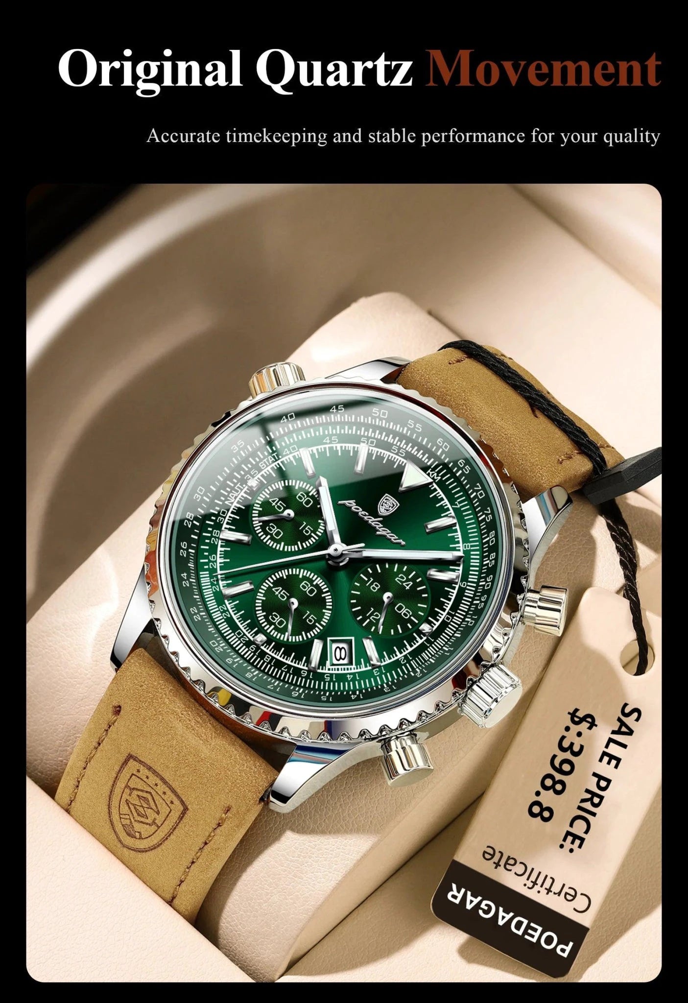 Mandotos POEDAGAR men's luxury quartz chronograph watch with waterproof leather strap, luminous dial, military sports style.