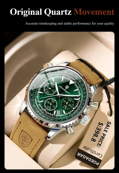 Mandotos POEDAGAR men's luxury quartz chronograph watch with waterproof leather strap, luminous dial, military sports style.
