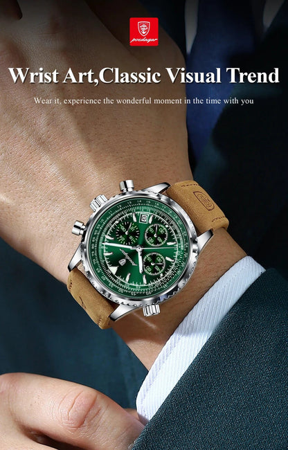 Mandotos POEDAGAR men's luxury quartz chronograph watch with leather strap, waterproof, luminous dial, military sports style.