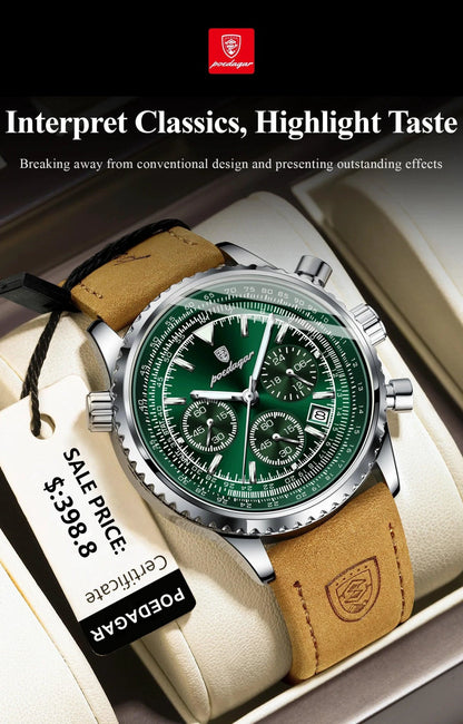 Mandotos POEDAGAR men's luxury quartz chronograph watch with waterproof leather strap and luminous dial in military sports style.