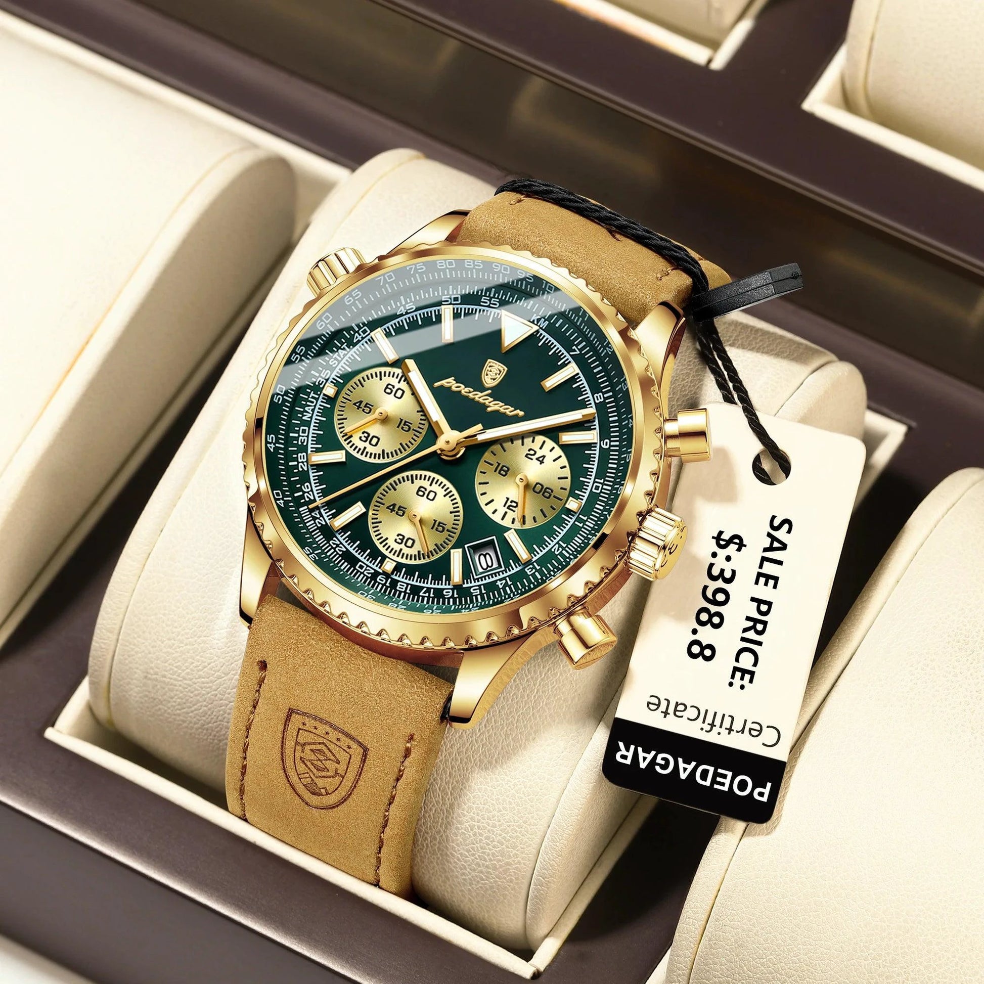 Mandotos POEDAGAR men's luxury quartz chronograph watch with leather strap, waterproof, luminous dial, military sports style.