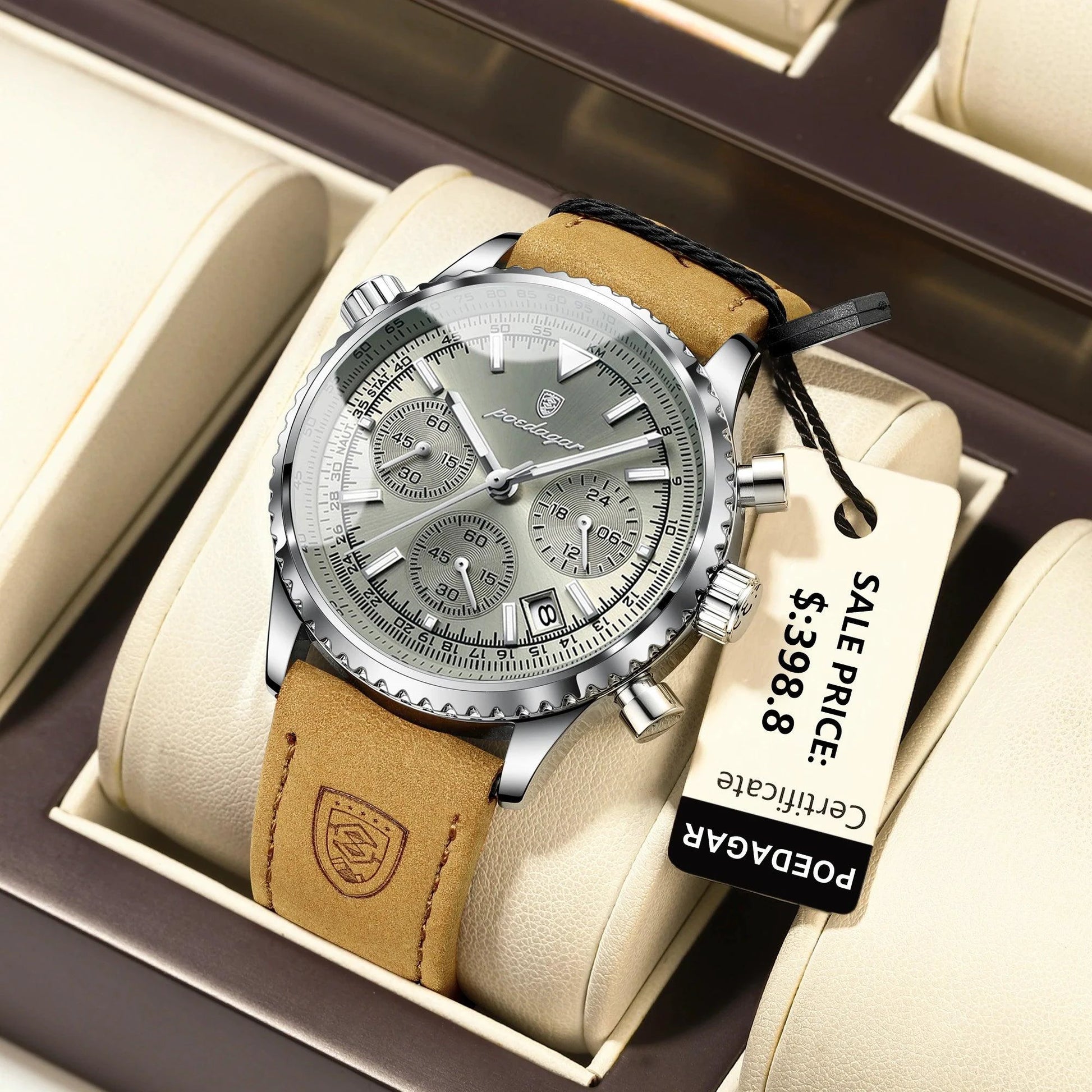 Mandotos POEDAGAR men's luxury quartz chronograph watch with waterproof leather strap, luminous dial, military sports style.