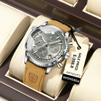Mandotos POEDAGAR men's luxury quartz chronograph watch with waterproof leather strap, luminous dial, military sports style.