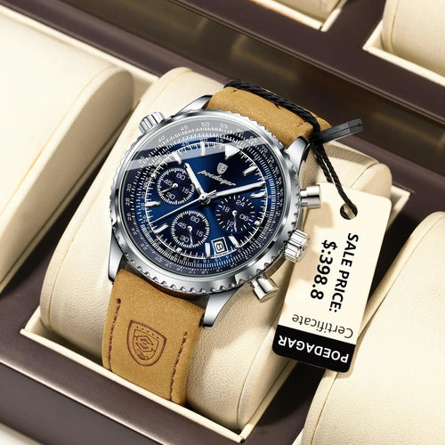 Mandotos POEDAGAR men's luxury quartz chronograph watch with waterproof leather strap, luminous dial, military sports style.