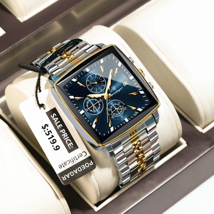 Mandotos POEDAGAR men's square chronograph watch with luminous dial, waterproof stainless steel case, and quartz movement.