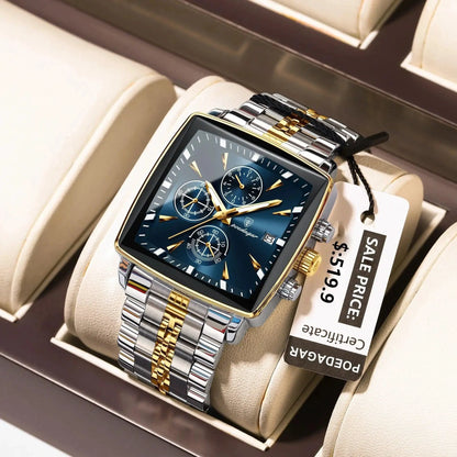 Mandotos POEDAGAR men's square chronograph watch with luminous dial, waterproof stainless steel case, and quartz movement.