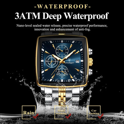 Mandotos POEDAGAR men's square chronograph watch with luminous dial, waterproof stainless steel case, and quartz movement.