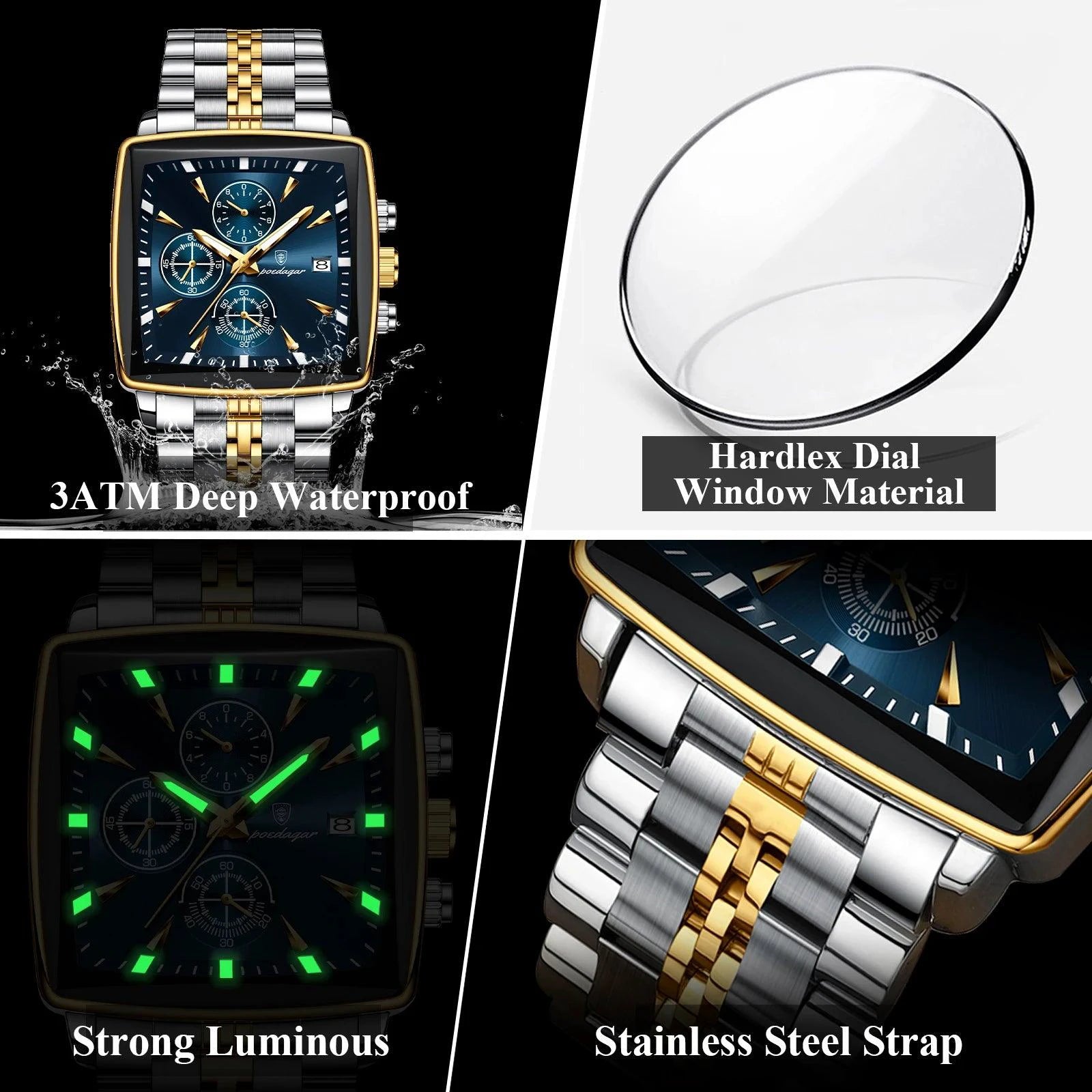 Mandotos POEDAGAR men's square chronograph watch with luminous dial, waterproof stainless steel case, and quartz movement.