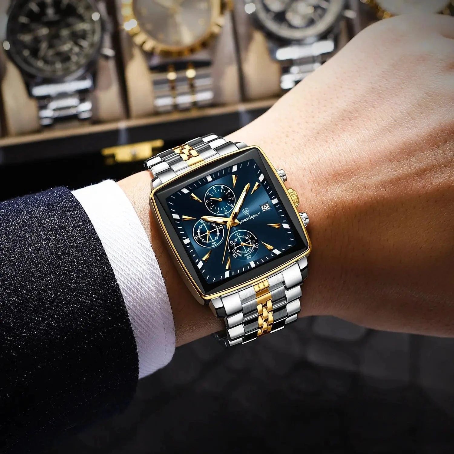 Mandotos POEDAGAR men's square chronograph watch with luminous dial, waterproof stainless steel case, and quartz movement.