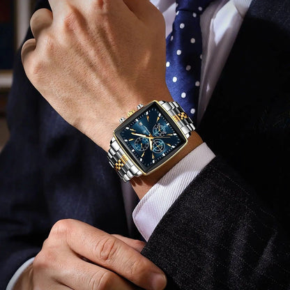 Mandotos POEDAGAR men's square chronograph watch with luminous dial, waterproof stainless steel case, and quartz movement.