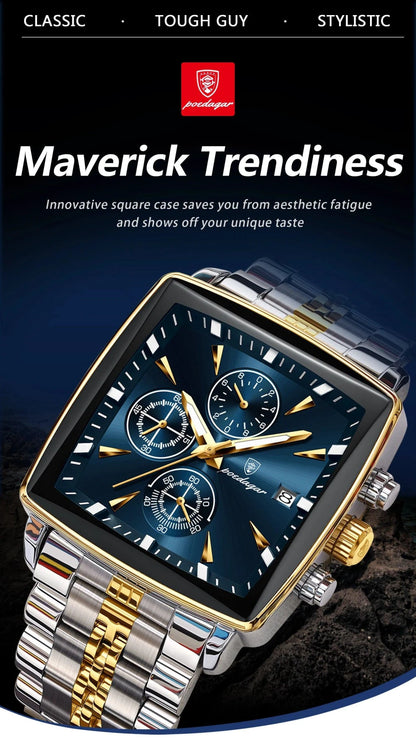 Mandotos POEDAGAR men's square chronograph watch with luminous dial, waterproof stainless steel case, and quartz movement.
