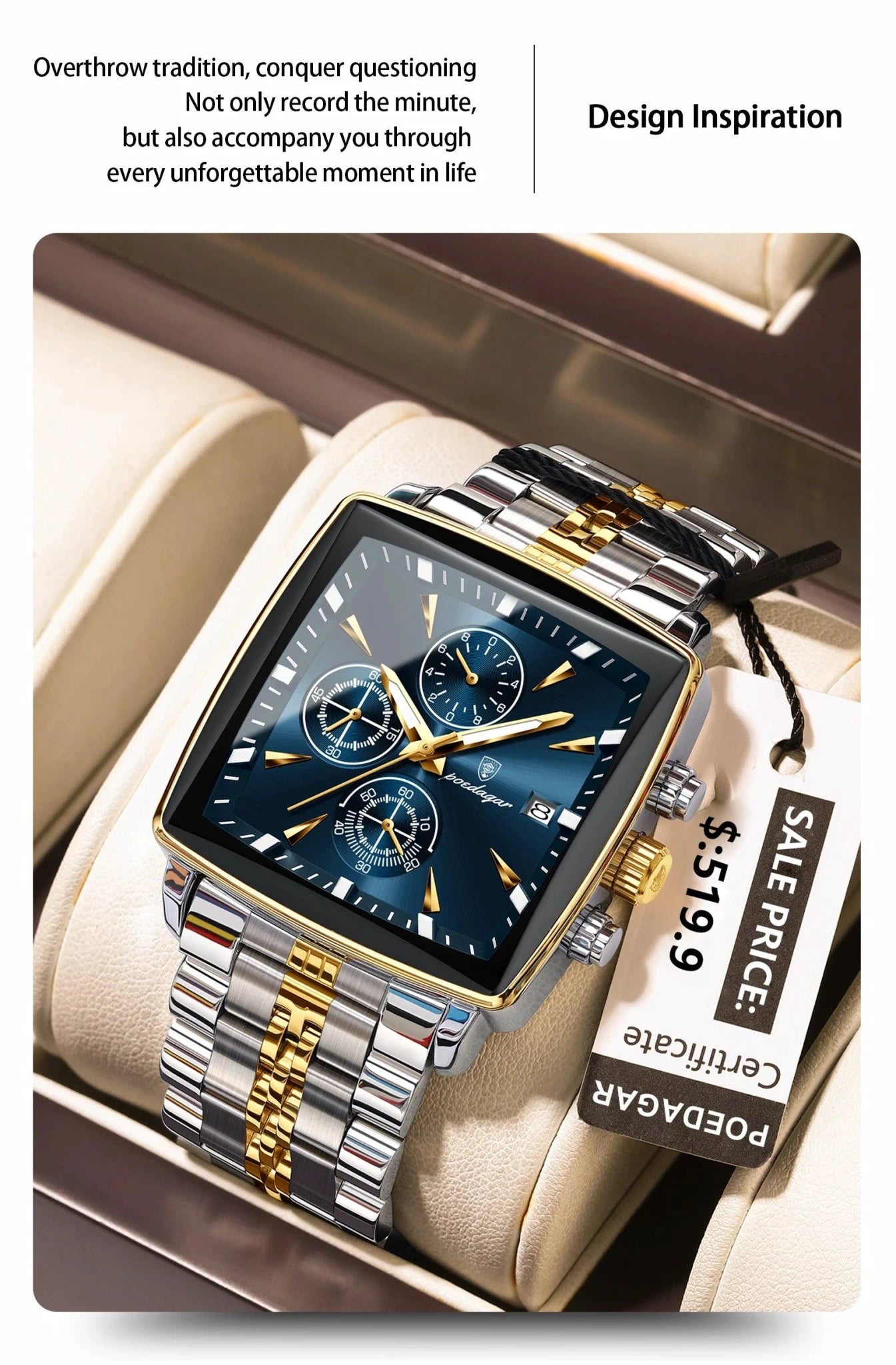 Mandotos POEDAGAR men's square chronograph watch with luminous dial, waterproof stainless steel case, and quartz movement.