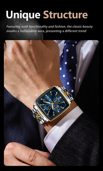 Mandotos POEDAGAR men's square chronograph watch with luminous dial, waterproof stainless steel case, and quartz movement.